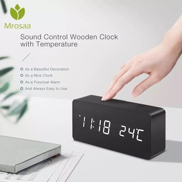 Jam Meja Kayu Digital Led Weker / Wood Digital Alarm Clock Dekorasi Rumah Souvenir Suhu