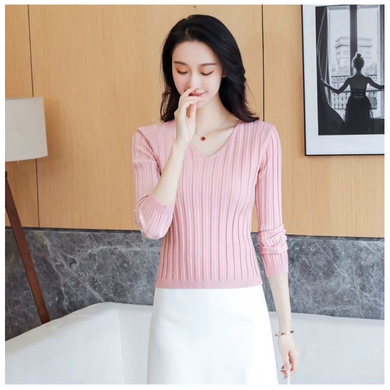 Sweater Basic V neck Soft Knit Import - Blouse Rajut Polos V neck TM (C506)