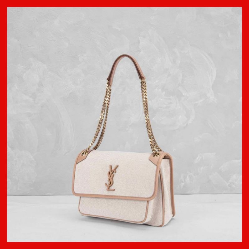 Jual Tas Wanita YSL Saint Laurent Niki Medium Leather Trimmed Canvas Natural Tan. Branded Original