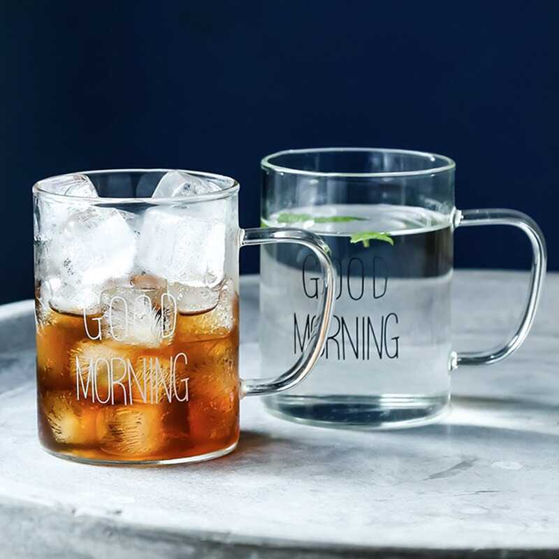 Gelas Cangkir Kopi Glass Coffee Mug Good Morning 400ml Transparant Gelas Minimalis Estetik Desain Kaca Unik