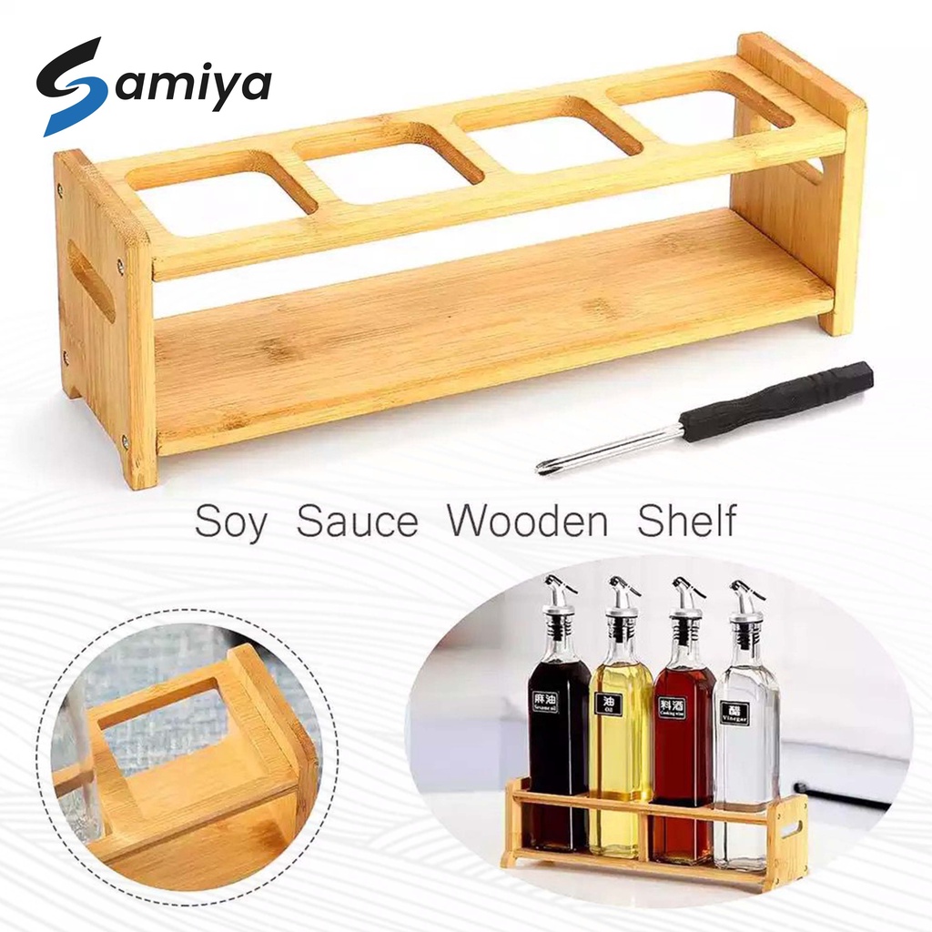 rak kayu tempat botol minyak kecap saus bumbu dapur 4slot / wooden rack oil sauce bottle square round 4 hole