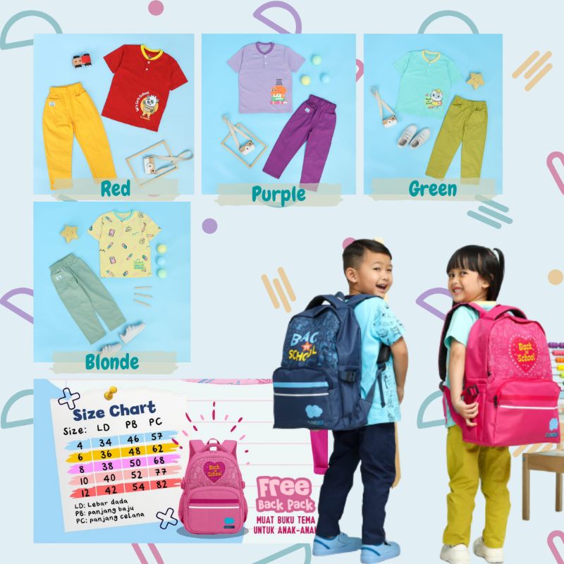 Set Cloudbee Free Backpack / Setelan Anak / Tas Anak / FREE Tas Sekolah