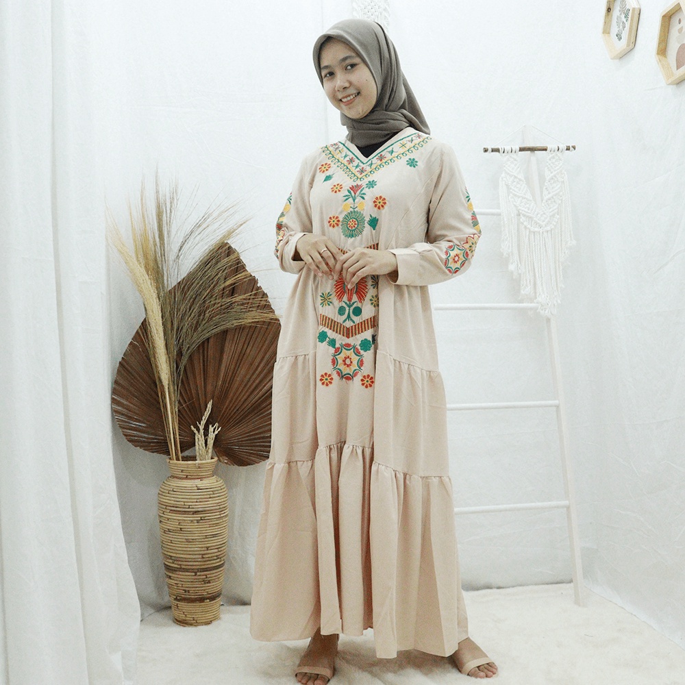 Ramadhani Dress - Gamis Putih Bordir Modern Fit to L Bahan Torrybruch Premium Tebal Motif Bunga - Dress Muslim Wanita Mewah Kekinian Elegant - Gamis Syar'i Turki Lengan Panjang Untuk Kondangan Lebaran Terlaris