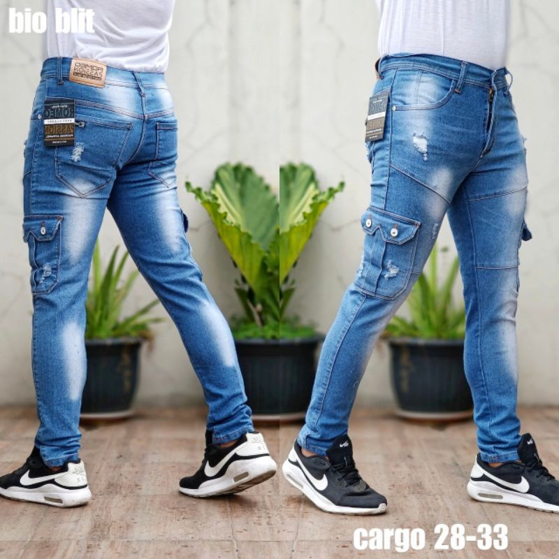 Celana Cargo Jeans Panjang Pria Skiny Kargo Cowok Slim Fit Kantong Samping Navi Bioblit Rentro Original Size 28 Sampai 33 JU47