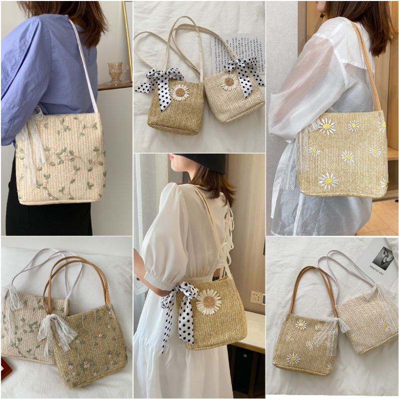 Drozenb Tas Tote Wanita Bahan Anyam Jerami Model Korea/Totebag Fashion Korea Bahan Anyaman Motif Bunga/Tas Anyaman Korea Motif Lace/Tas Pantai Korea