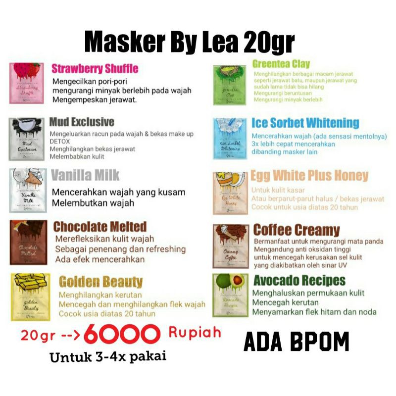 20GR [ BUY 2 GET 1 FREE GIFT ] Ready Stock Masker By Lea gloria 20GR BPOM ORIGINAL best seller viral