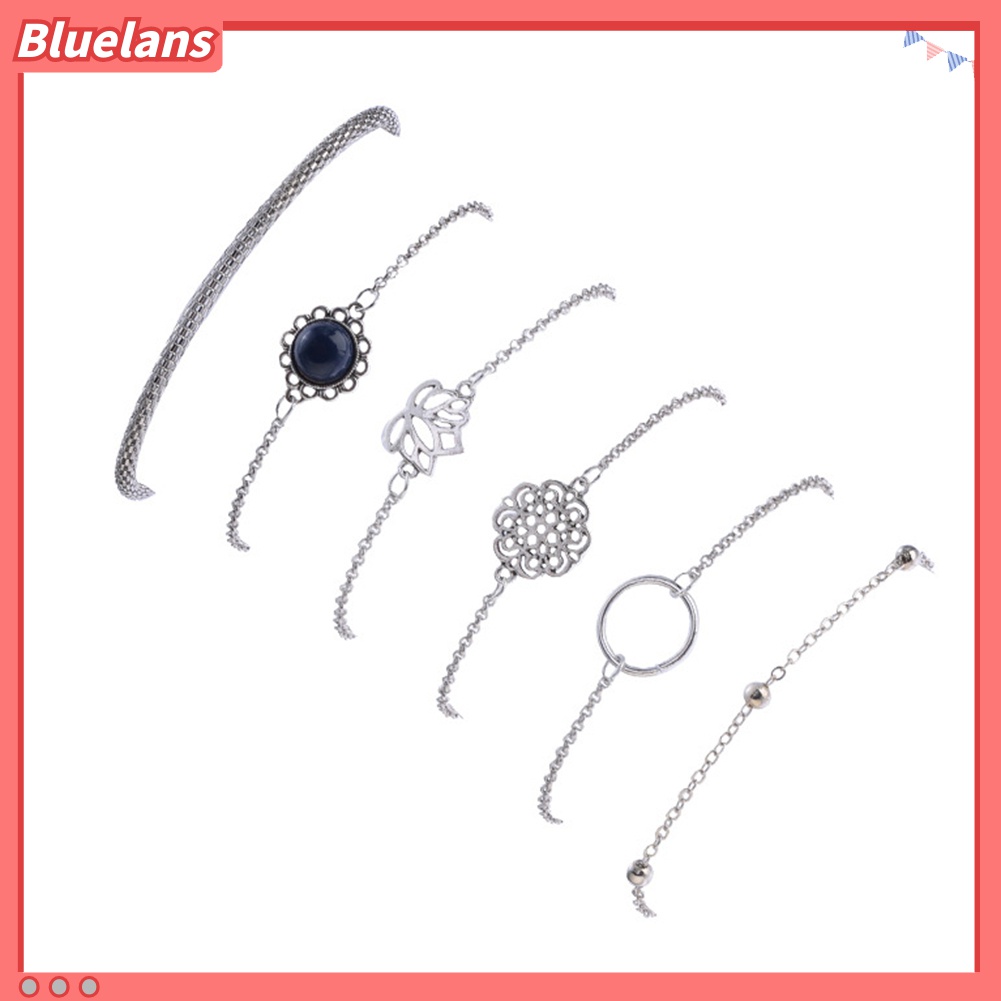 6pcs / Set Gelang Rantai Multilayer Bentuk Bunga Lotus Hollow Untuk Wanita