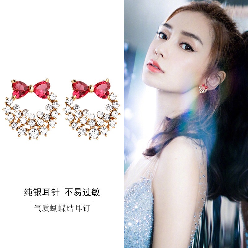 S925 gaya Korea anting-anting berlian merah muda bow perak jarum personalized anting-anting diamond