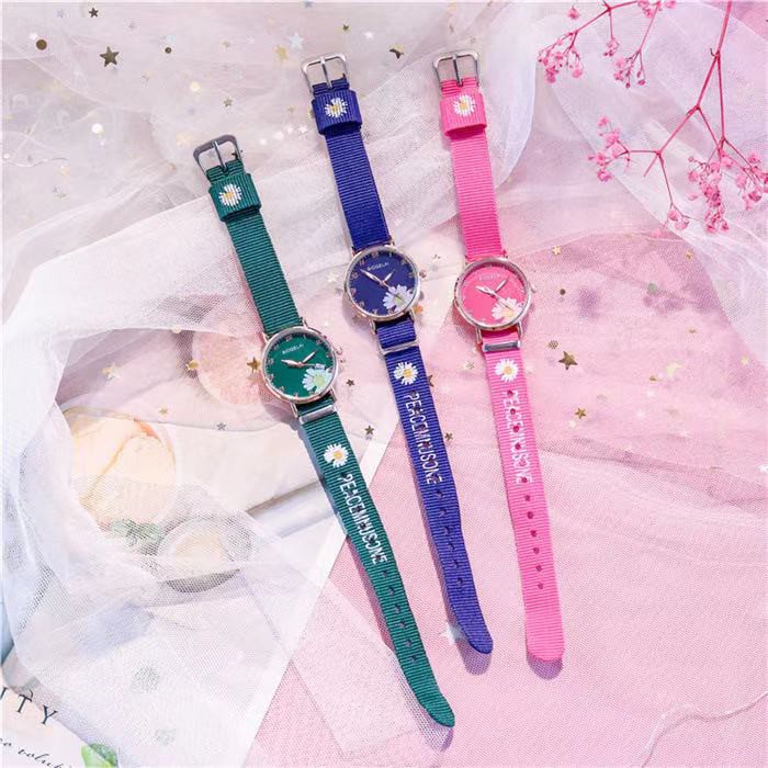 Jam Tangan Canvas Bunga Daisy Wanita Quartz Analog Casual Fashion Gaya Korea Import