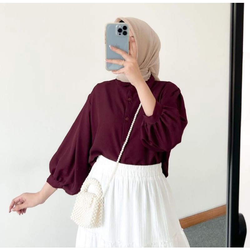 Elze Blouse Kemeja Atasan Wanita Shakila Twill Lengan Balon Full Kancing