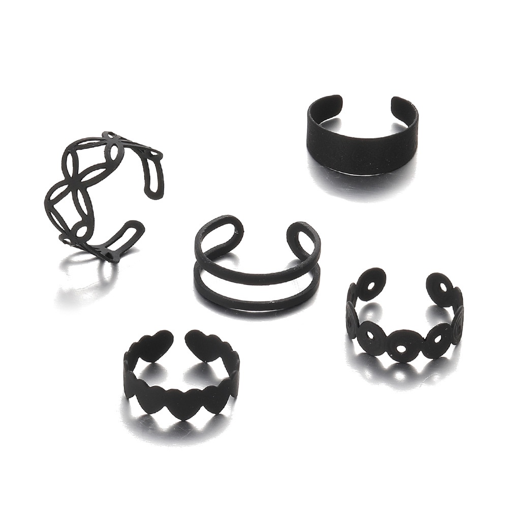 5pcs / Set Cincin Rantai Alloy Warna Hitam Bentuk Hati Hollow Untuk Wanita