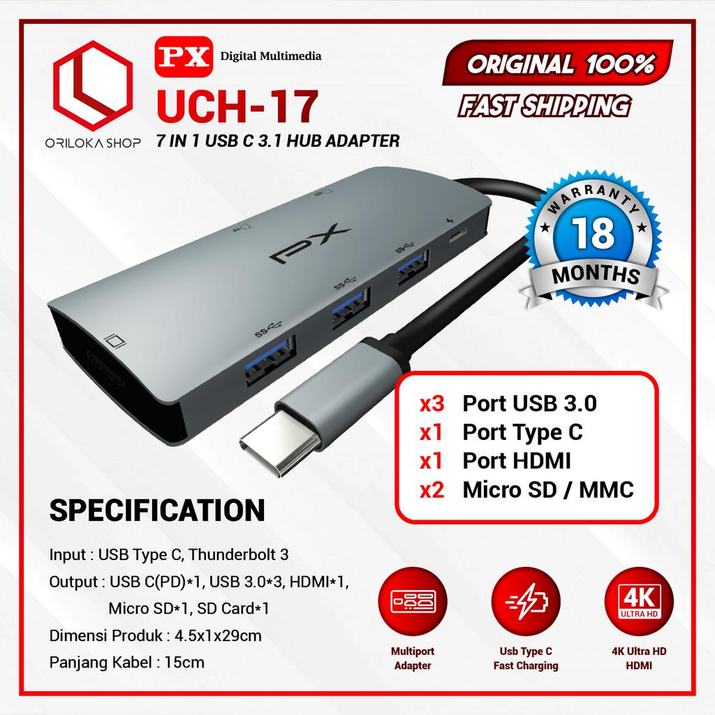 PX UCH17 7 IN 1 USB Hub Type C 3.1 Converter Laptop to HDMI SD Car- Garansi Resmi PX