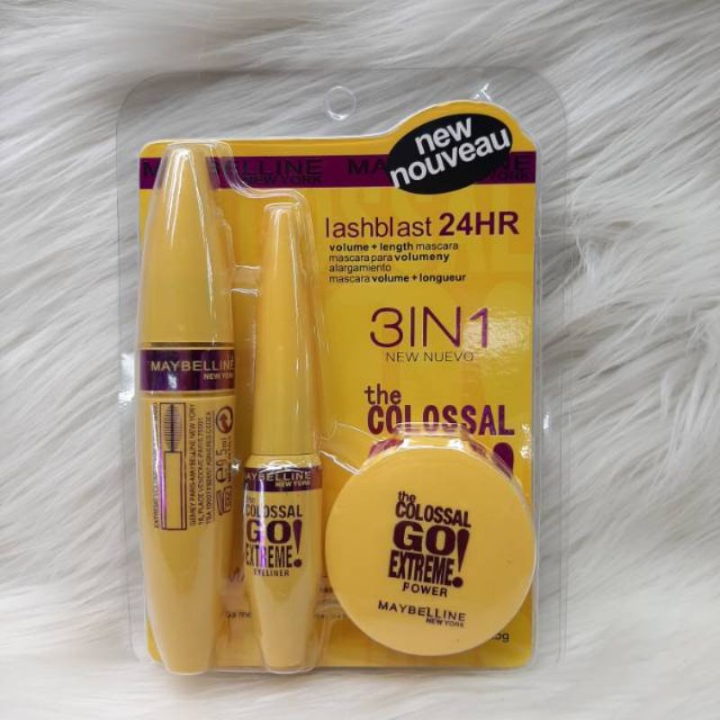 Paket Maybelline Colossal Kuning 3in1 Maskara Eyeliner Bedak Padat