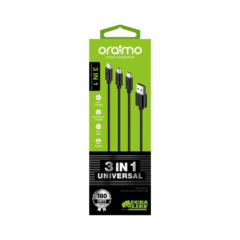 Oraimo OCD-X91 Duraline 3in1 Micro USB, Type-C &amp; Lightning Kabel Data Fast Charging - Garansi 1 Tahun