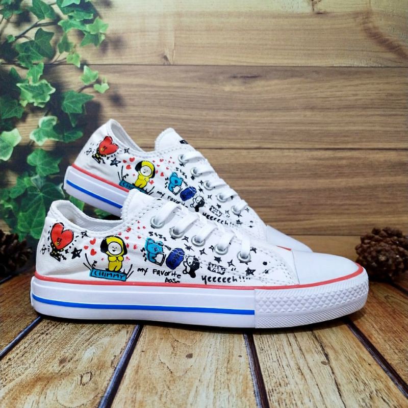 SEPATU BTS BT21 CONVERSE ANAK PEREMPUAN &amp; LAKI LAKI MOTIF KOREA KARAKTER WARNA PUTIH