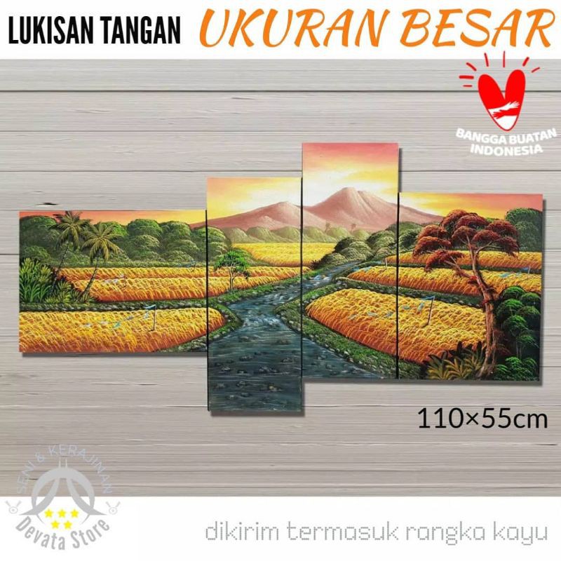 LUKISAN TANGAN UKURAN BESAR PEMANDANGAN GUNUNG SAWAH SUNGAI PEDESAAN