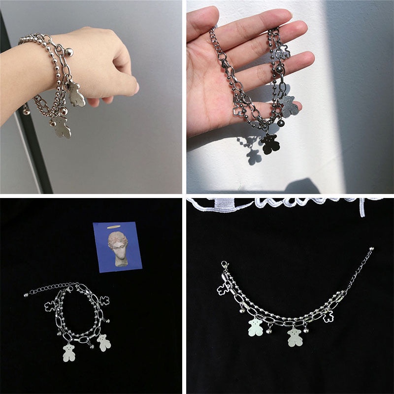 Korea ins Hip Hop disco stainless steel titanium steel hollow beruang liontin gelang pria sederhana