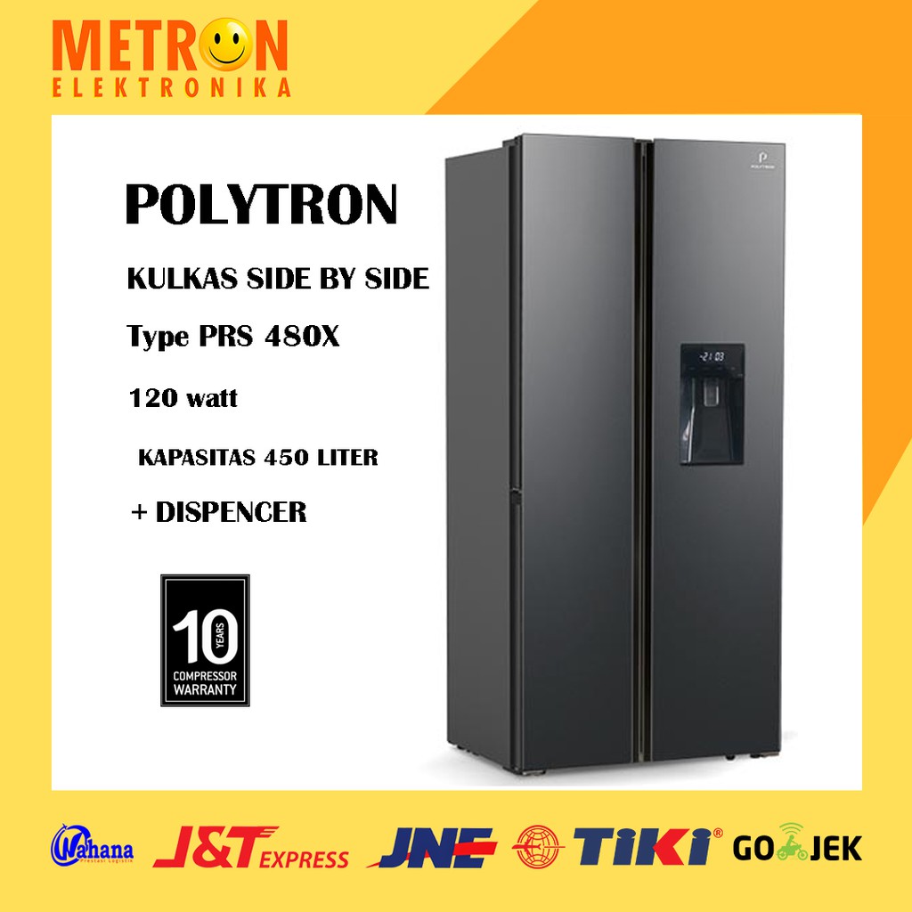 POLYTRON PRS  480 X BLACK REFLECTIVE KULKAS SIDE BY SIDE 450 LITER + DISPENCER / PRS480X