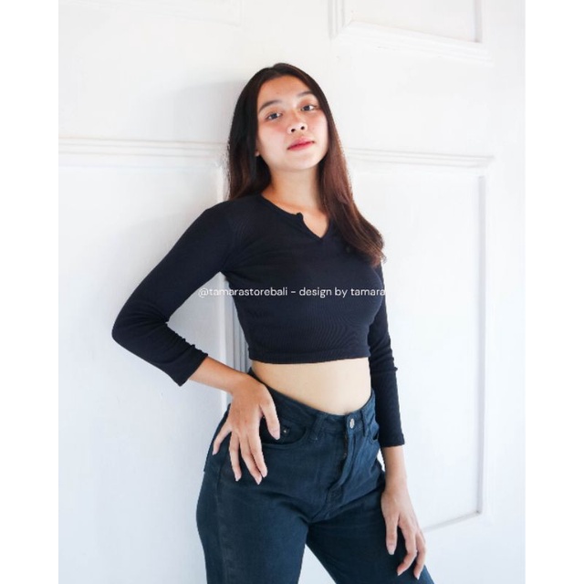 TOP RIB WANITA VENNA ATASAN CROP SABRINA BLOUSE KOREA TANGAN PANJANG