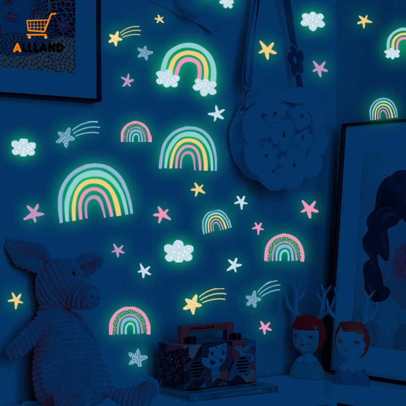 Stiker Dinding Desain Kartun Pelangi Bintang Awan Hati Luminous Untuk Dekorasi Kamar Anak