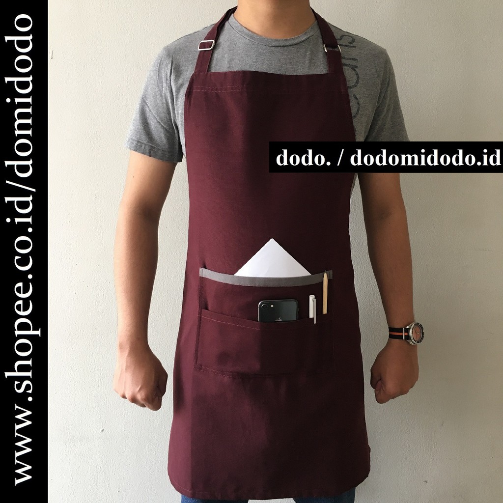 Celemek Apron Barista Handmade - Apron Tali Leher - Premium Canvas - Merah Maroon