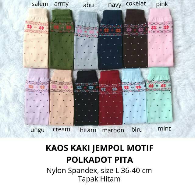 Kaos Kaki Jempol Wanita Muslimah Motif Polkadot Pita (Nylon Spandex Size L Tapak Hitam Panjang Murah