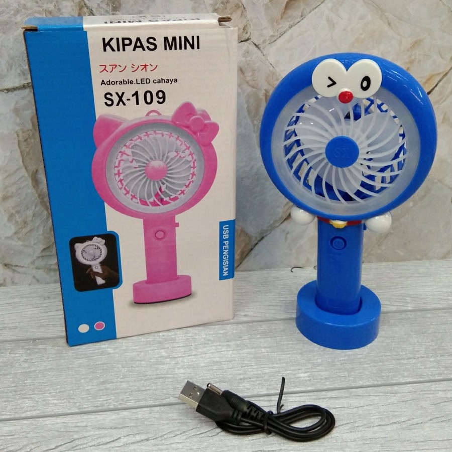 kipas angin mini SX-109 led cahaya Hello kitty/Doraemon(rechargeable) - Biru