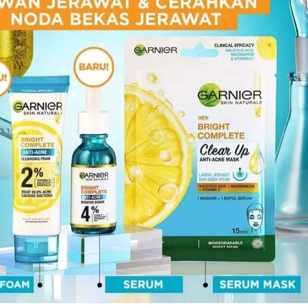 Paket ISI 2  Garnier Bright Complete 3 in 1 Anti Acne 90 ml + Serum Garnier Anti Acne 7.5 ml | Paket