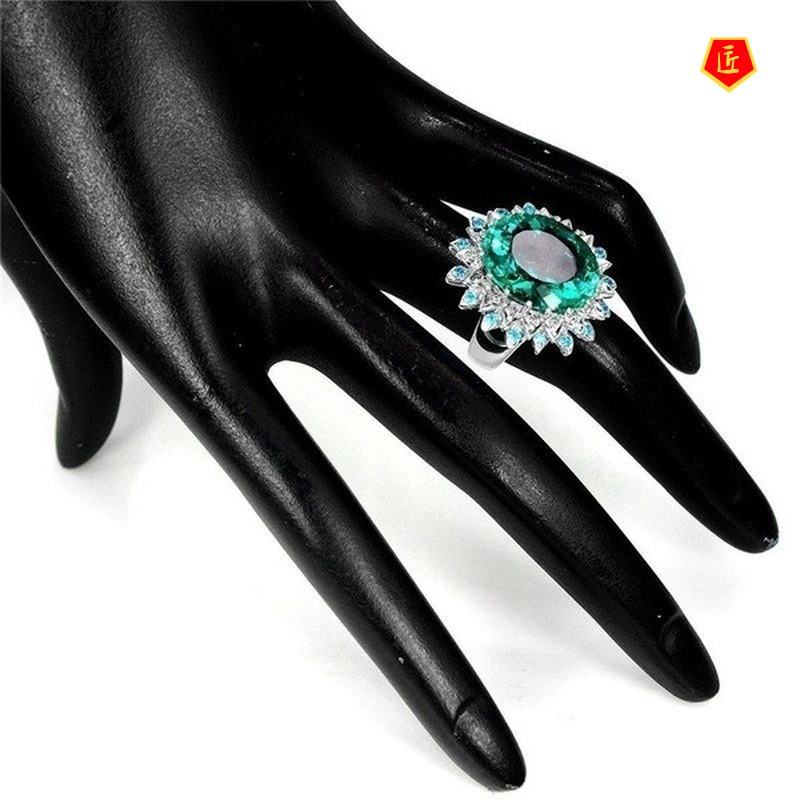 [Ready Stock]Women's Inlaid Emerald Ring Exaggerated and Personalized