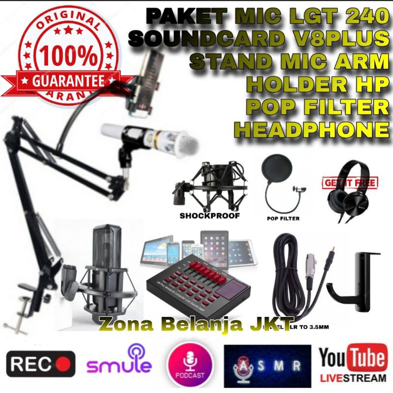 FULL PAKET MIC CONDENSER LGT 240 SOUNDCARD V8 PLUS RECORDING PODCAST