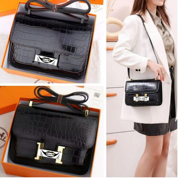(COD-NHA9 TAS BRANDED CONSTANCE PREMIUM SIZE.22 FREE BOX & PAPERBAG KOMPLIT ACC GOLD & HITAM IMPORT 