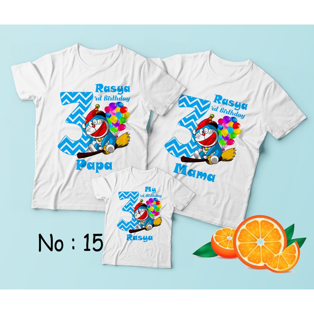 kaos custom birthday doraemon bahan katun premium bisa cetak ukuran anak dan dewasa / kaos ultah kar