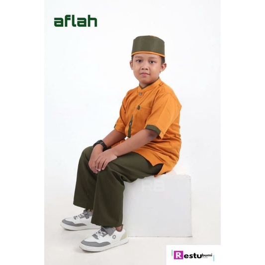 New||Koko Aflah by: Restu Bumi|| lengan Pendek free Topi Berbahan toyobo Setelan Baju Muslim Anak Laki - Laki