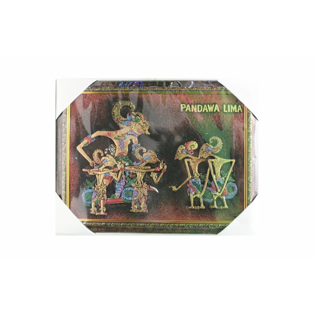 Hiasan Dinding Lukisan Timbul Relief Wayang Pandawa Lima 44x34 Cm Bingkai Fiber