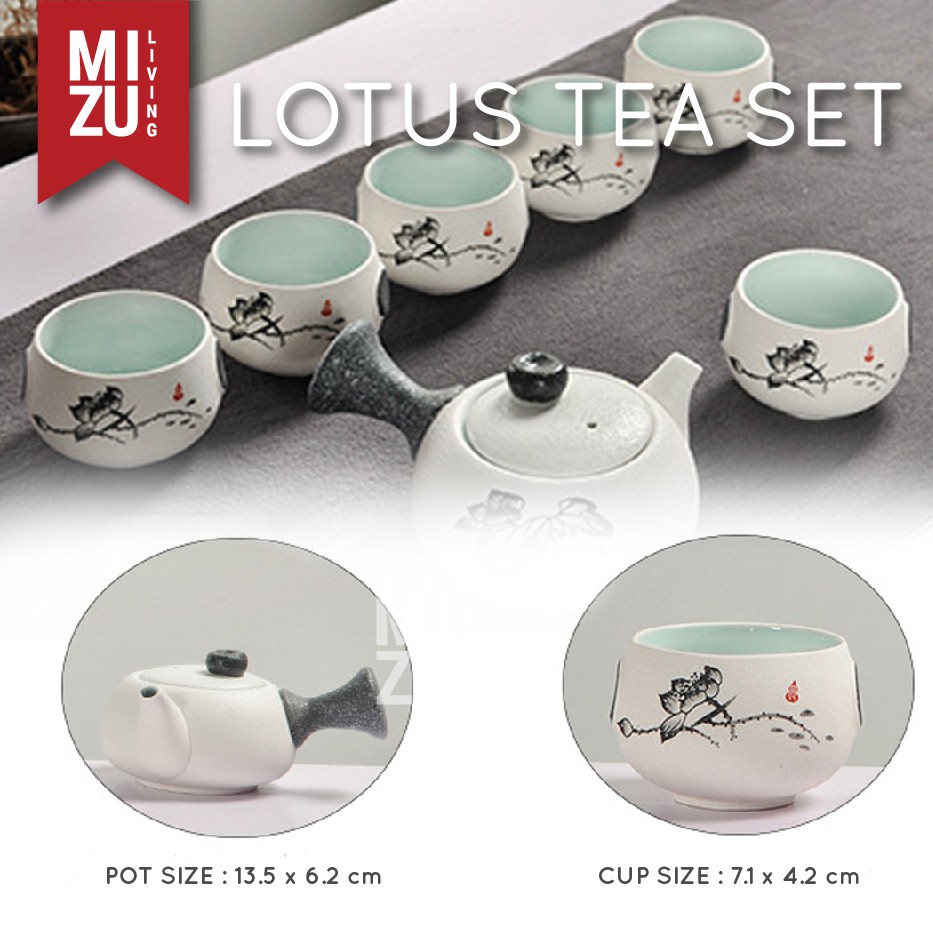 LOTUS Classic Chinese Tea Pot SET 6 Cups Textured Ceramic With Gift Box Teko 6 Cangkir Teh Keramik