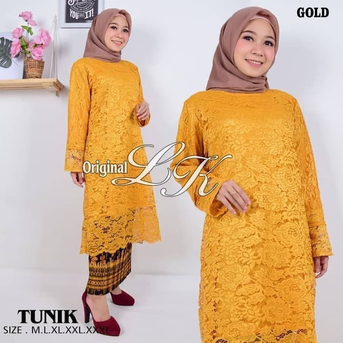 Setelan Kebaya Tunik Brukat Long Modern Gold