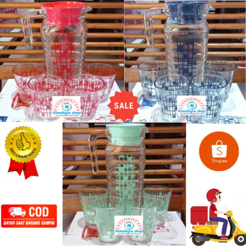 Pitcher Set Kimglass 5 in 1 Teko + Gelas Kaca Motif Kotak-Kotak