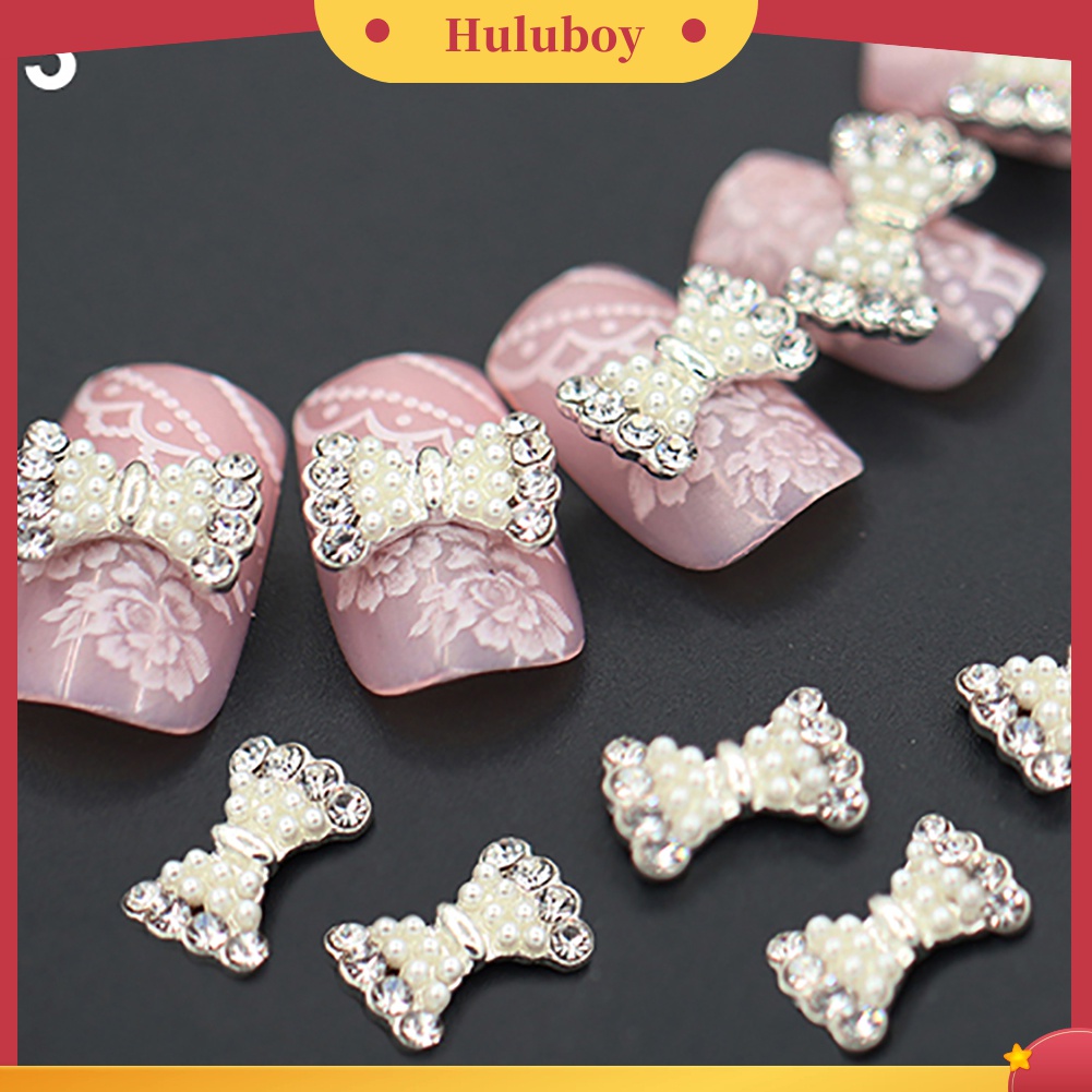 Huluboy Huluboy♡ 10pcs Stiker Kuku 3D Bentuk Pita Bahan Alloy Dengan Glitter Berlian Imitasi