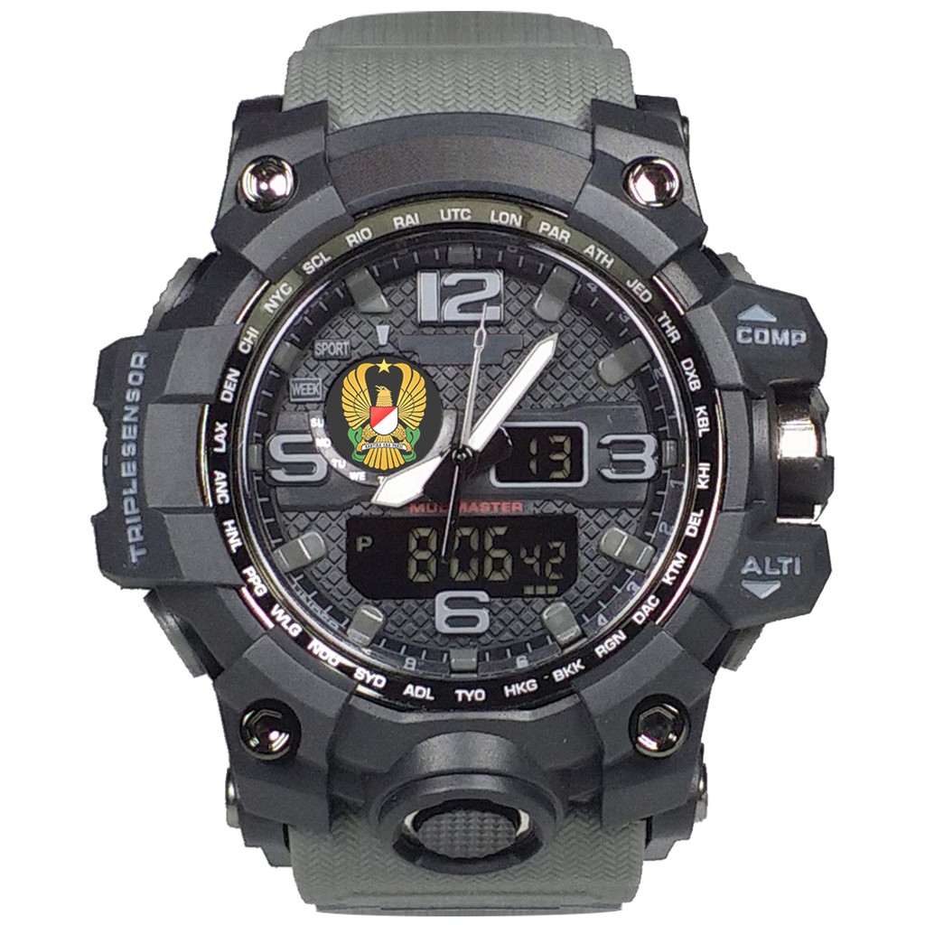 (Istimewa Bossque) Jam LOGO TNI - AD Double Time Tali Abu-Abu (Exclusive)