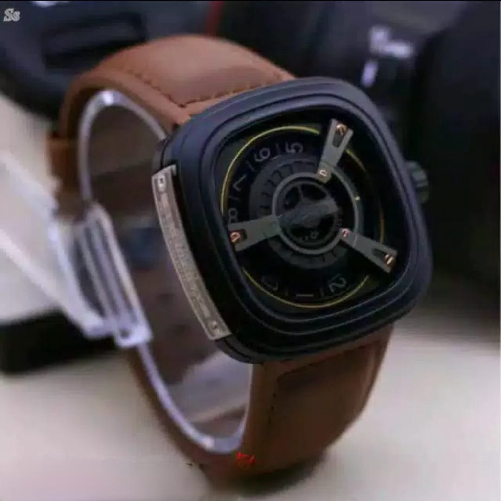 Jam Tangan Pria Sporty Kotak M2 Analog Kulit Case Black