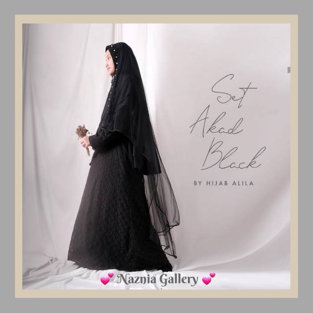 Set Gamis Akad Brukat Black HIJAB ALILA | Set Gamis Akad Nikah dan Khimar Instan 2 Layer Syari