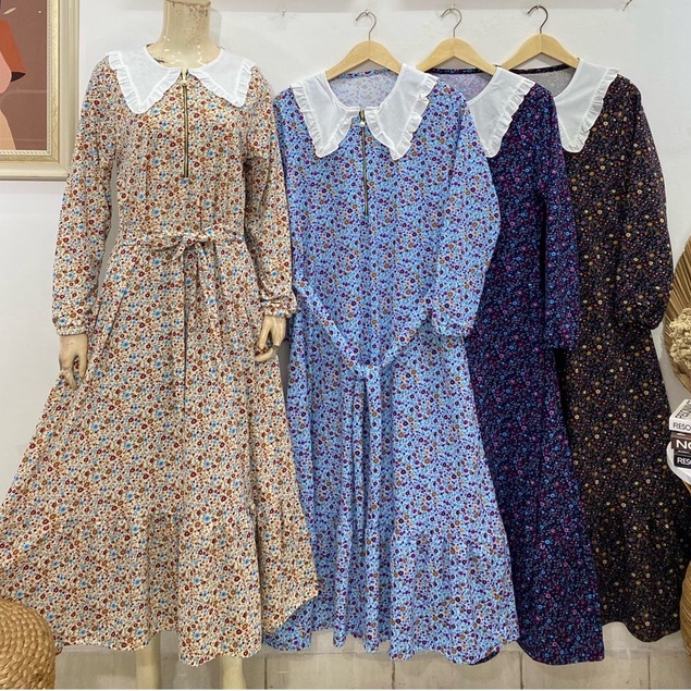 Gamis busui model kerah korea motif bunga sakura tali pinggang bahan voxy premium merk latin