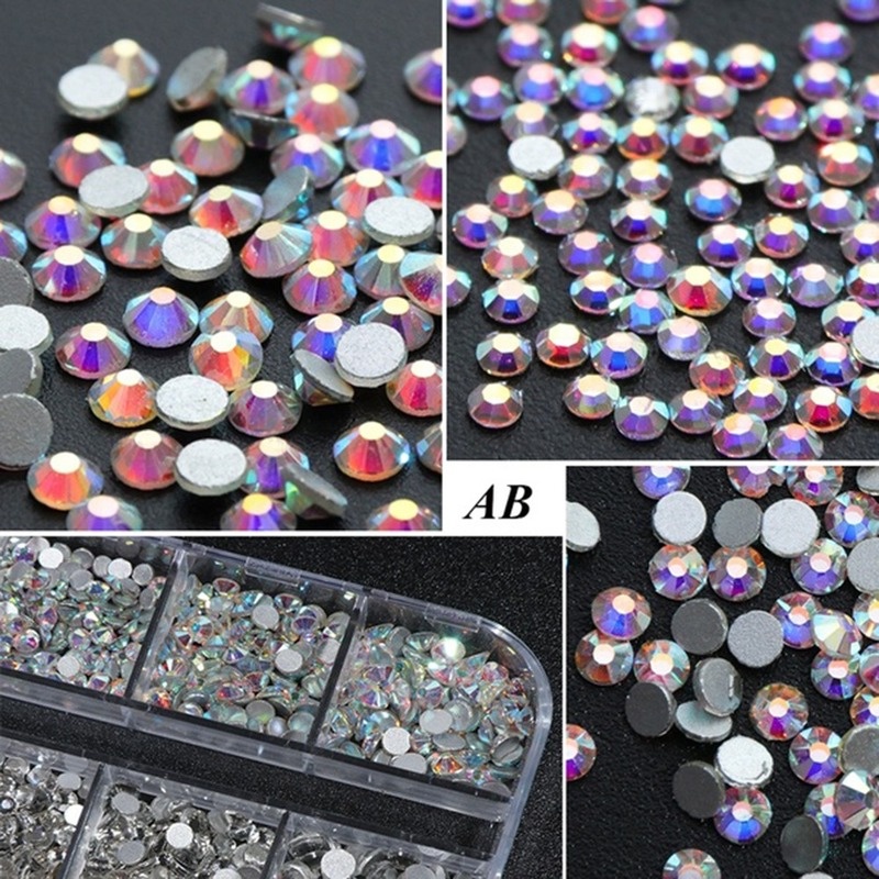 12 Grid / Set Ornamen Kristal Berlian Imitasi 3D Glitter Kaca Gem Sequins AB Untuk Dekorasi Nail Art