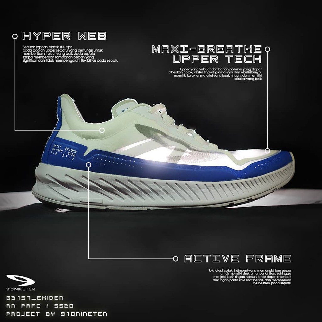 910 Nineten Geist Ekiden Sepatu Running PUTIH BIRU ROYAL Size 39