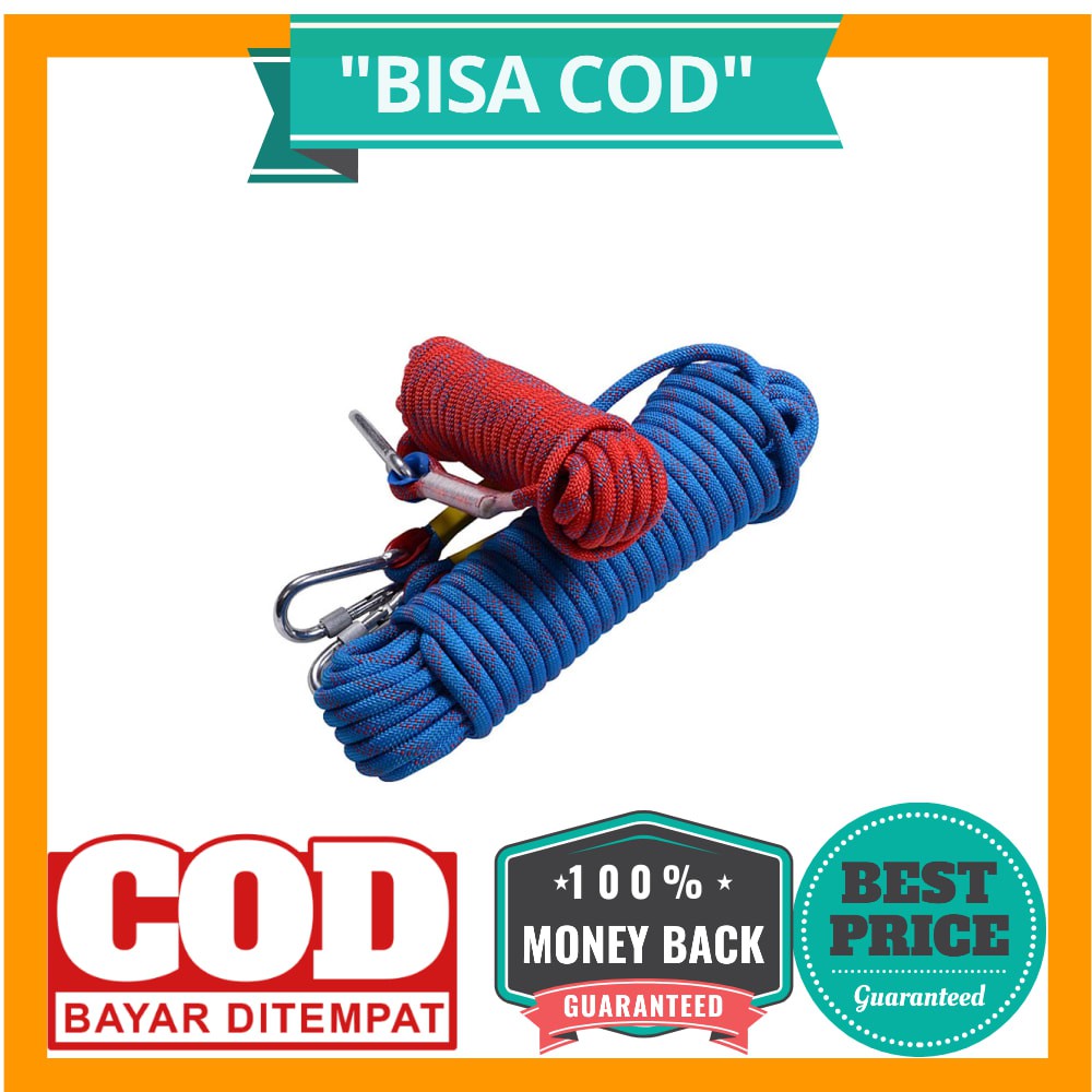 BISA COD Tali Paracord Panjang Tebing Climbing Rope 10mm 20 Meter with Steel Buckle - 24KN - Blue