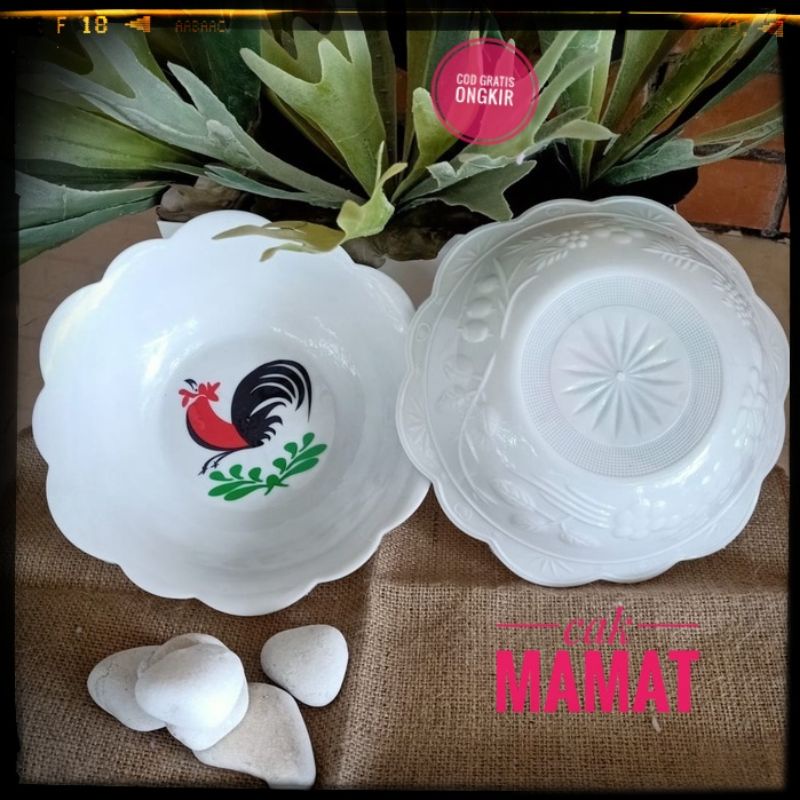 Mangkok buah plastik motif ayam jago gelombang besar tangkai daun