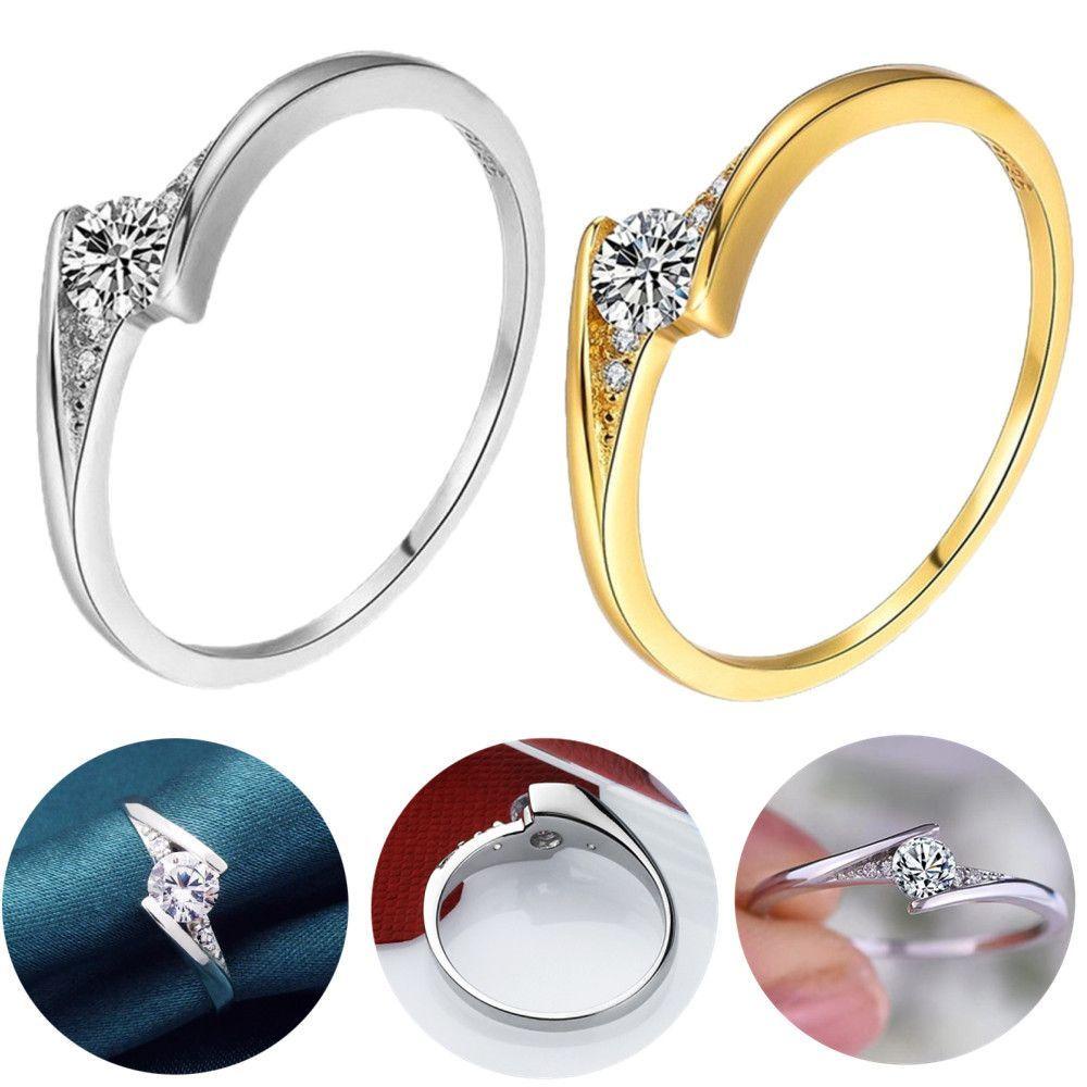 SUYO Cincin Kawin Berlian Bulat Emas &amp; Perak Wanita Klasik Ladies Ring