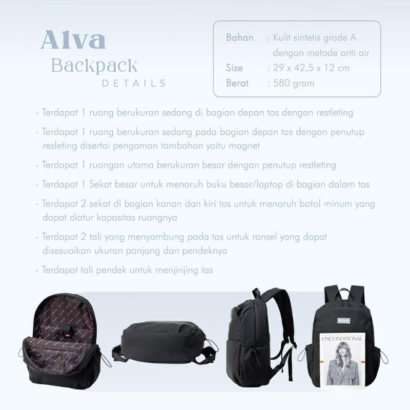 Alva Backpack Jimshoney Original Tas ransel pria wanita tas sekolah kerja anti air muat laptop cod-1