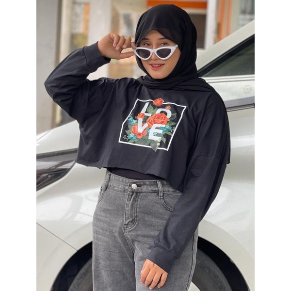 memousa T-shirt crop top love flower series atasan wanita long sleeve croptop tshirt black