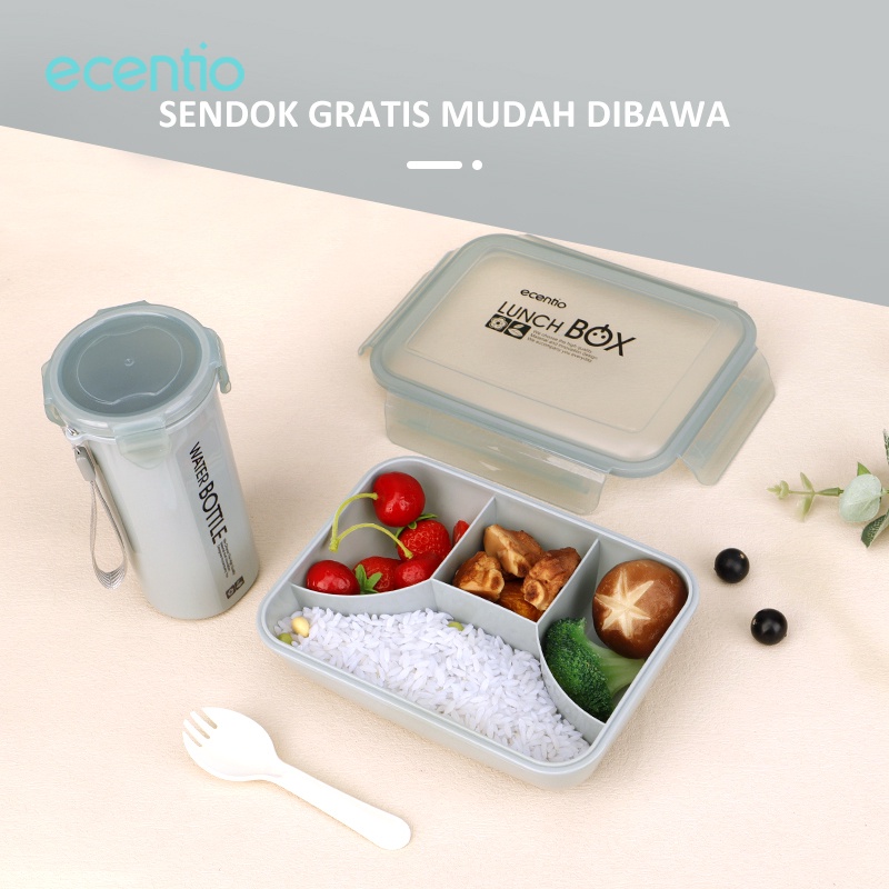 ecentio tempat makan set/ 1100ml 4 grid Kotak makan siang dengan botol air 500ml/tempat makan siang portabel anti bocor lunch box set